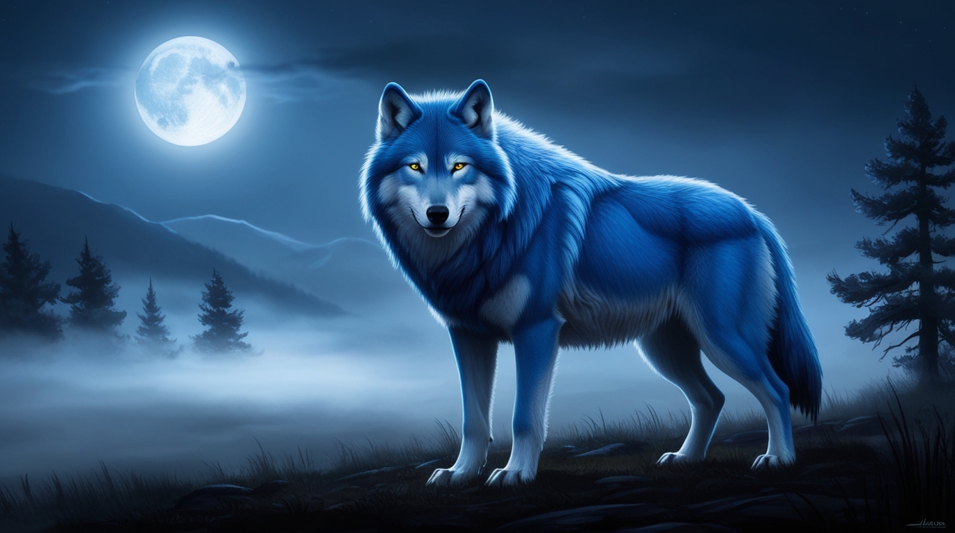 A majestic blue wolf stands alone in the misty night, its thick fur glowing with an ethereal luminescence, its piercing yellow eyes gleaming like lanterns in the darkness, as the moon casts an silver-blue glow on the surrounding landscape, with the trees and mountains shrouded in a veil of mystery and silence.